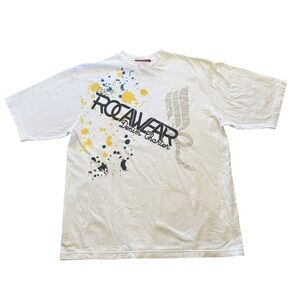 Mens short sleeve Rocawear White Tee with Black, blue and Yellow Graphics Size L